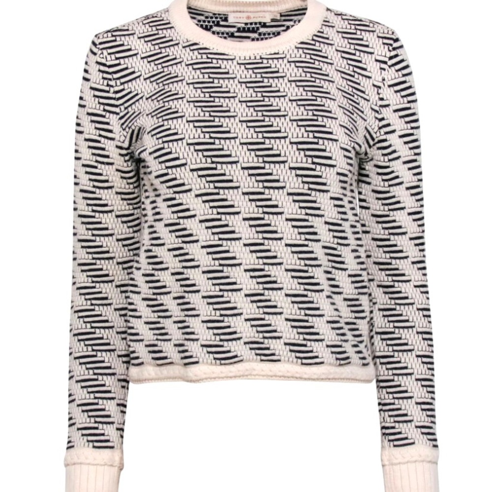 Tory Burch - Ivory & Black Textured Knit Wool Blend Sweater Sz xs